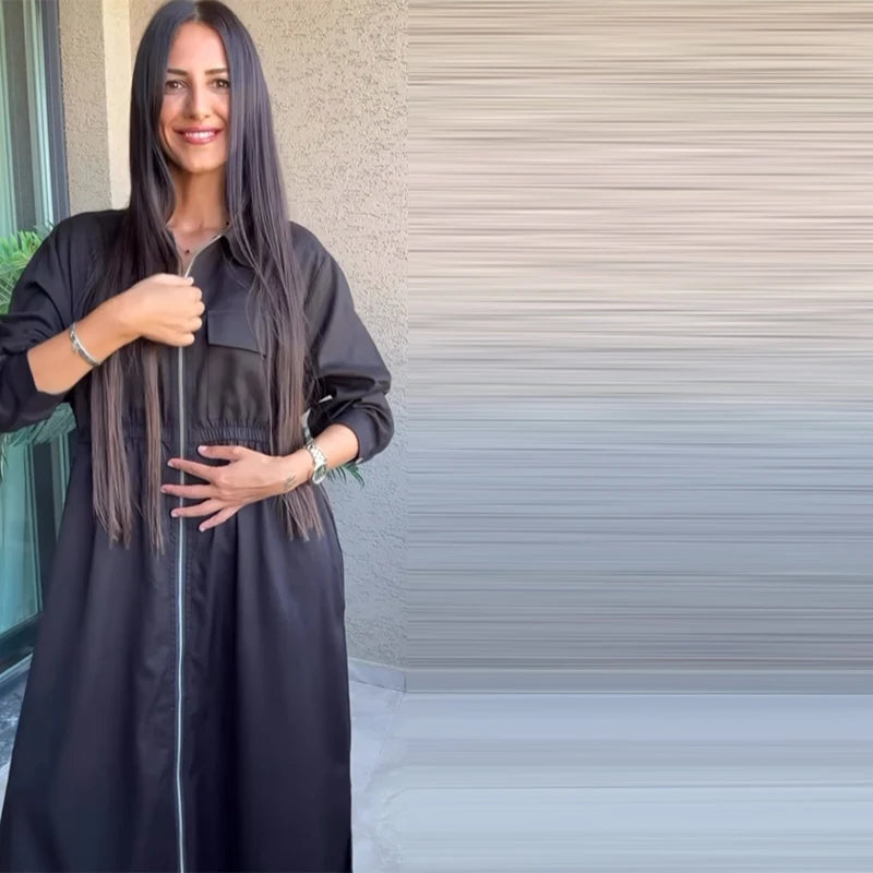Women's Fashion Zipper Waist Long Dress Casual Solid Laple Full Sleeve A-line Long Robe Lady 2025 Autumn Chic Loose Streetwear