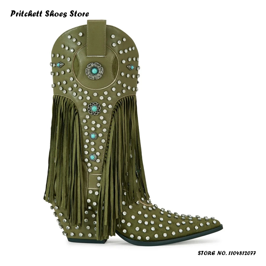 Crystal Embellished Fringe Pointed Toe Leather Wedge Boots for Women