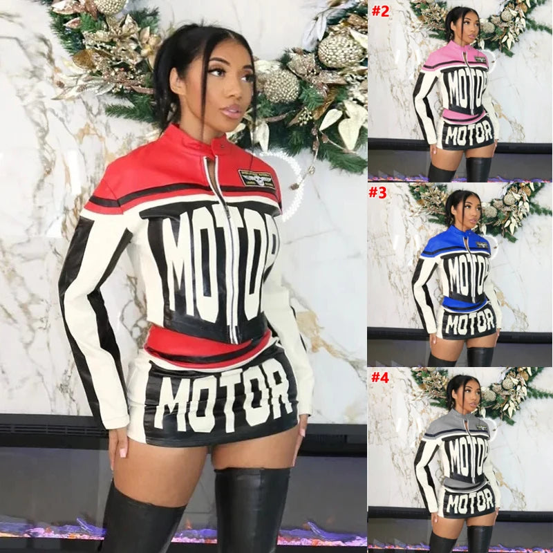 Y2K Faux Leather Motorcycle Jacket And Skirt Set for Women