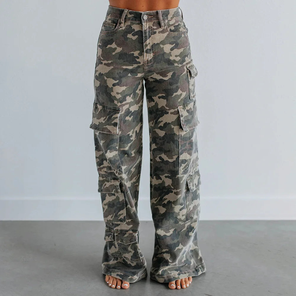 High Waist Camouflage Wide Leg Cargo Pants for Women