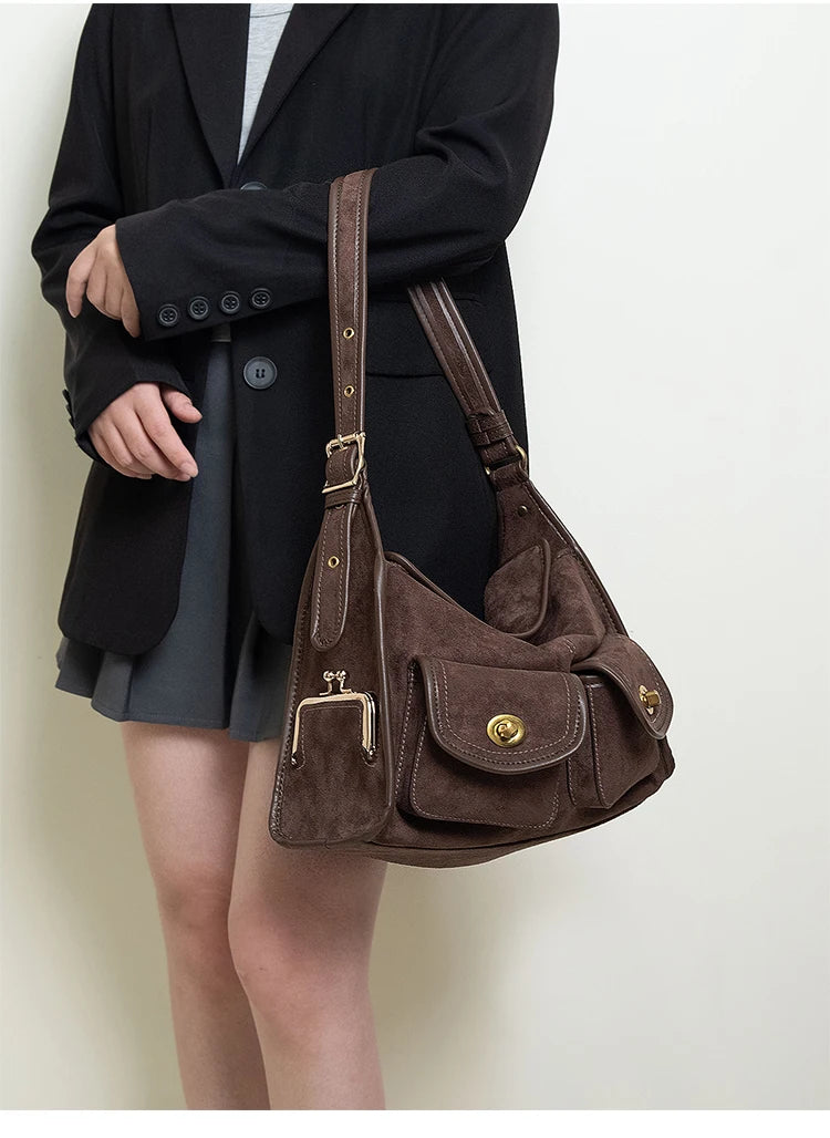 Casual Commuter Large Capacity Suede Pillow Bag Single Shoulder Crossbody Bag Vintage Style Polyester Lining Zipper Closure