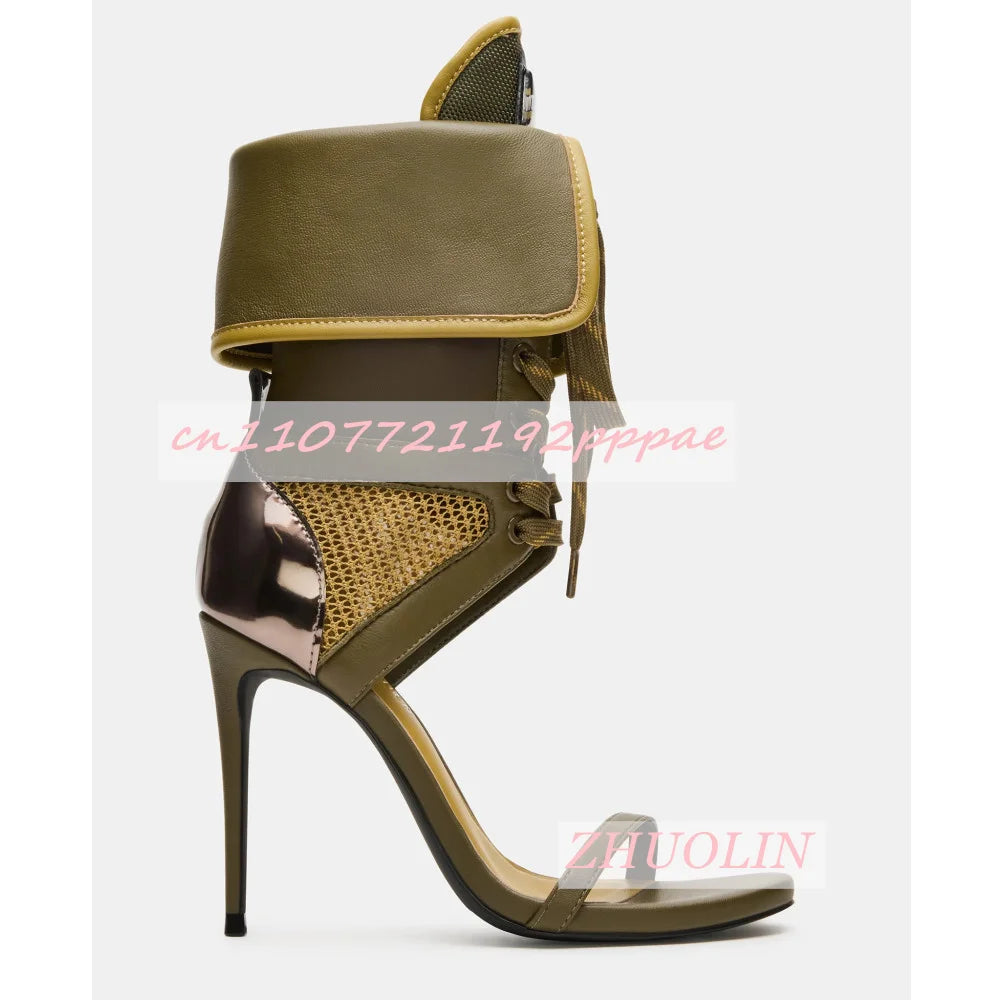 Army Green Open Toe Mesh Lace Up Gladiator High Heel Sandals for Women