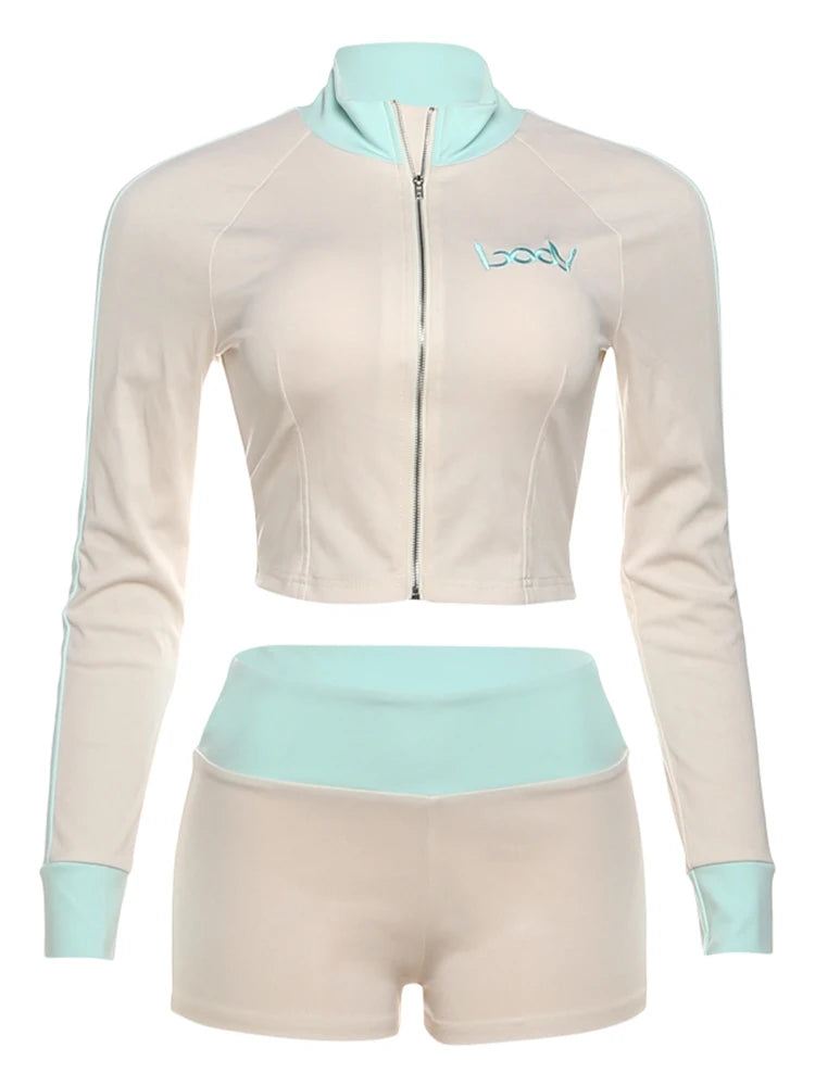 Sisterlinda Casual Sporty 2 Piece Set Women Letter Embroidery Zip Navel Exposed Jacket+Contrast Patchwork Shorts Simple Outfits