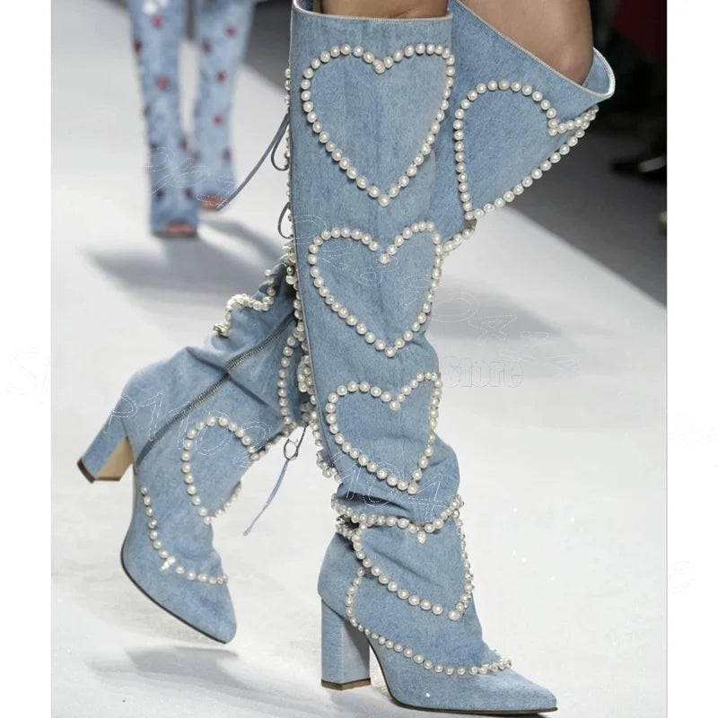 Chunky Heel Pointy Toe Denim Boots With Side Zipper For Women