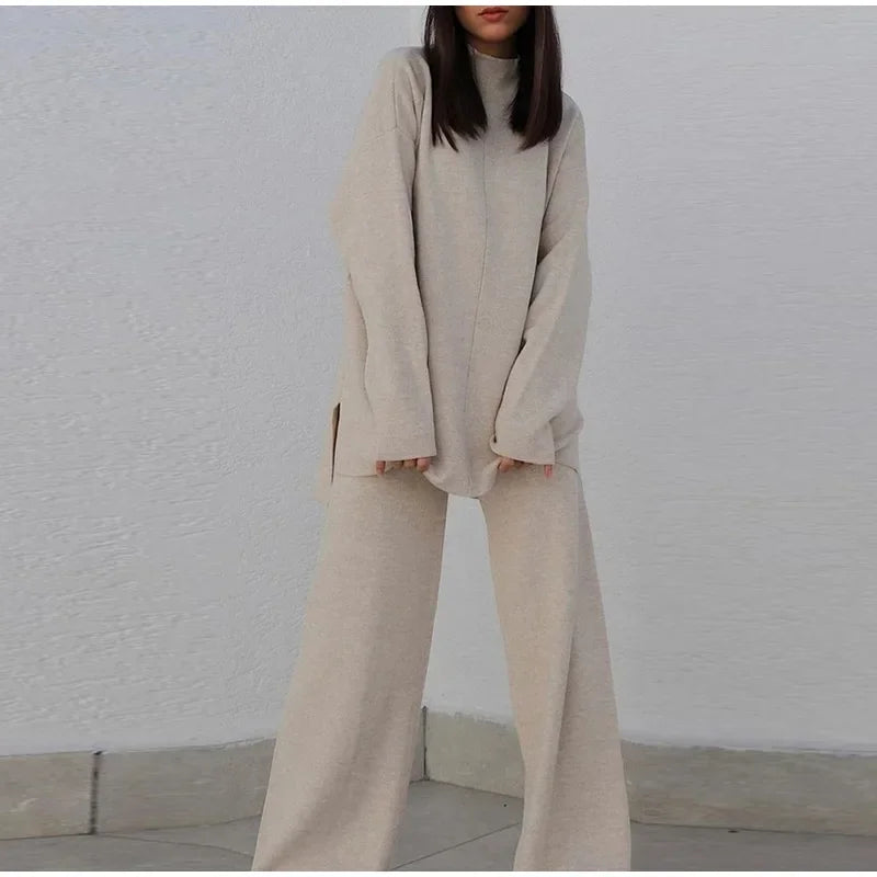 Solid Turtleneck Sweatshirt Set With Wide Leg Pants for Women