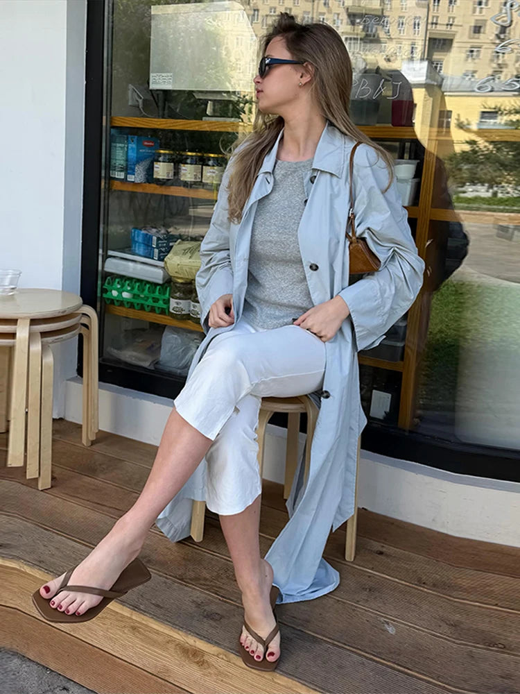Lapel Collar Button Front Long Trench Coat With Waist Belt for Women