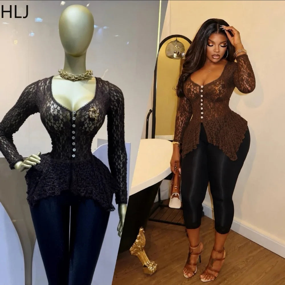 Floral Lace Sheer Button Up Peplum Blouse for Women