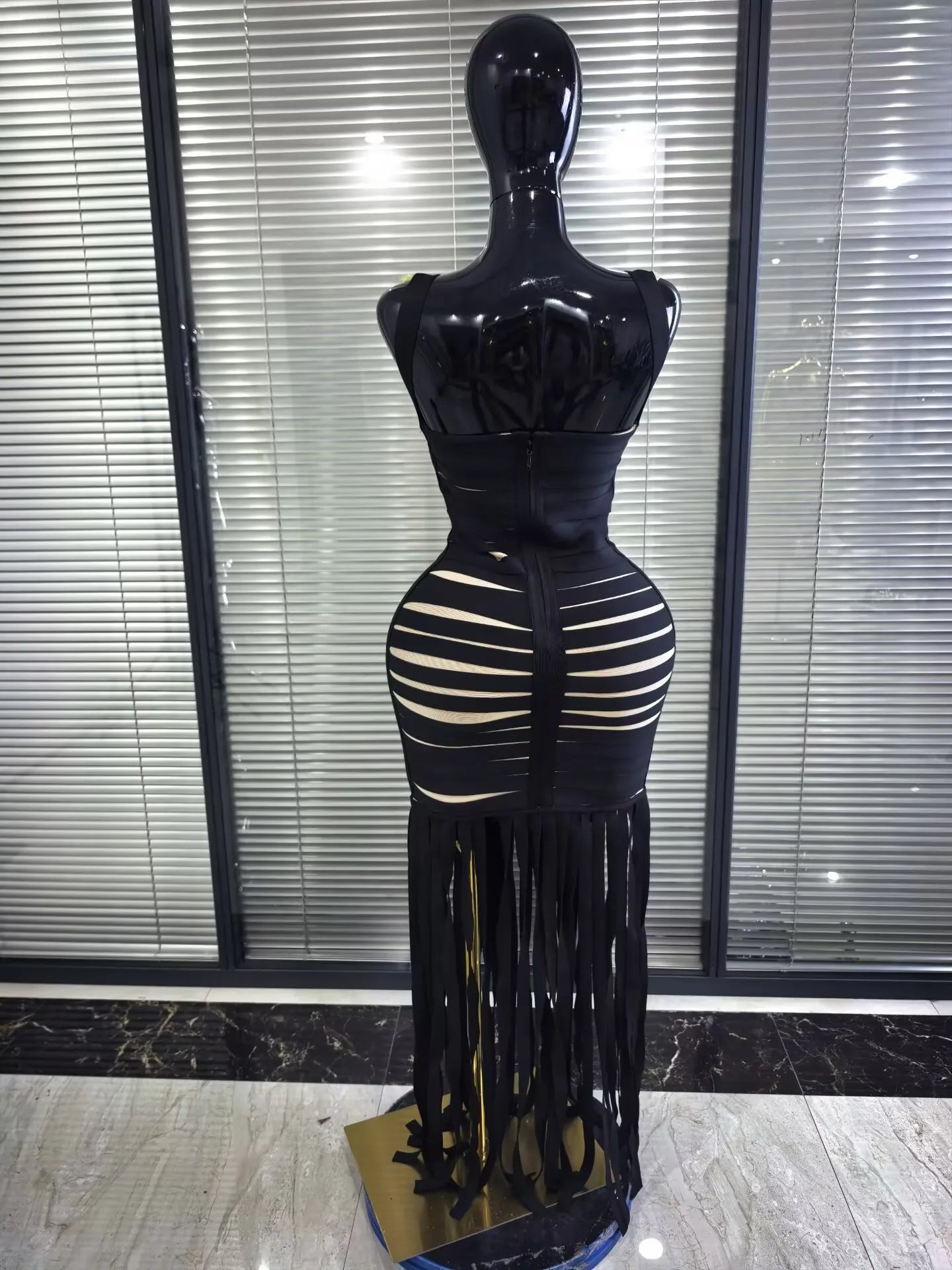 Black Color Women Sleeveless Sexy Square Collar Bodycon Fringes Bandage Long Dress Elegant Evening Party Celebrate Outfit