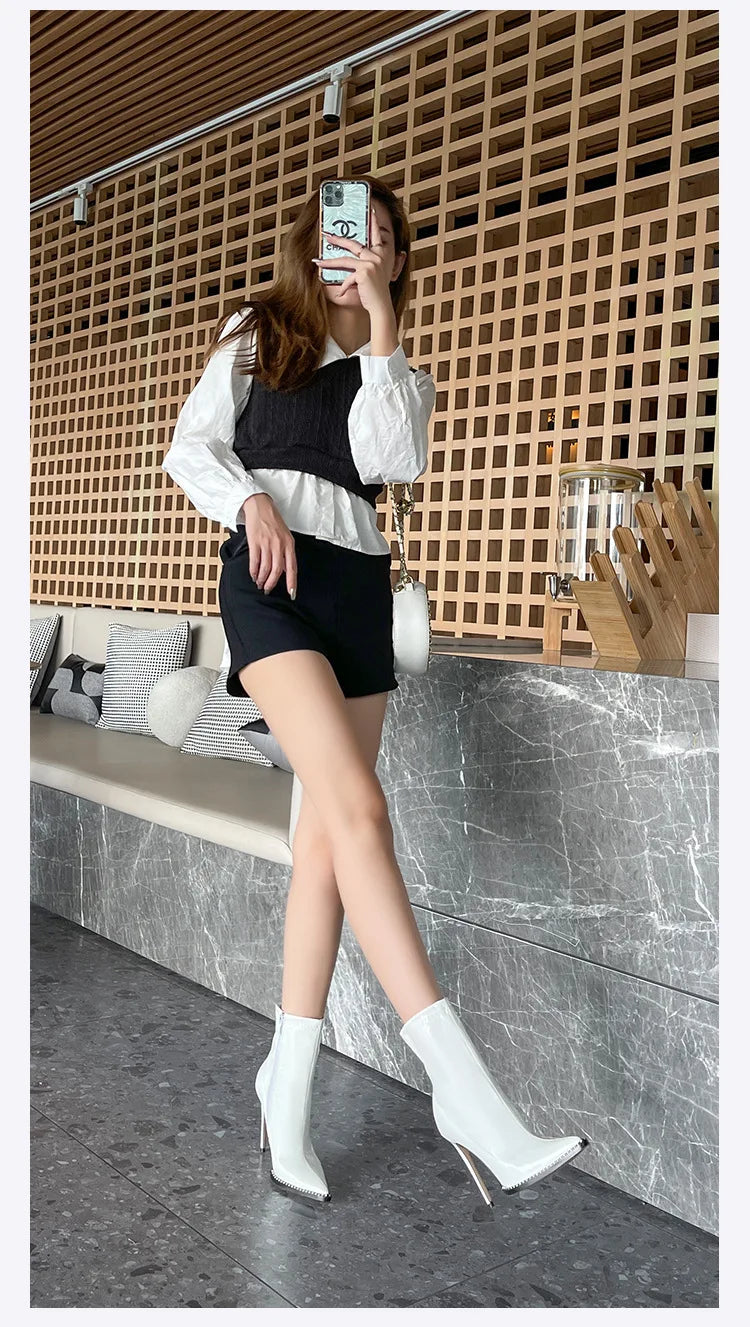 Elegant Rhinestone Bordered Side Zipper High Heel Ankle Boots for Women