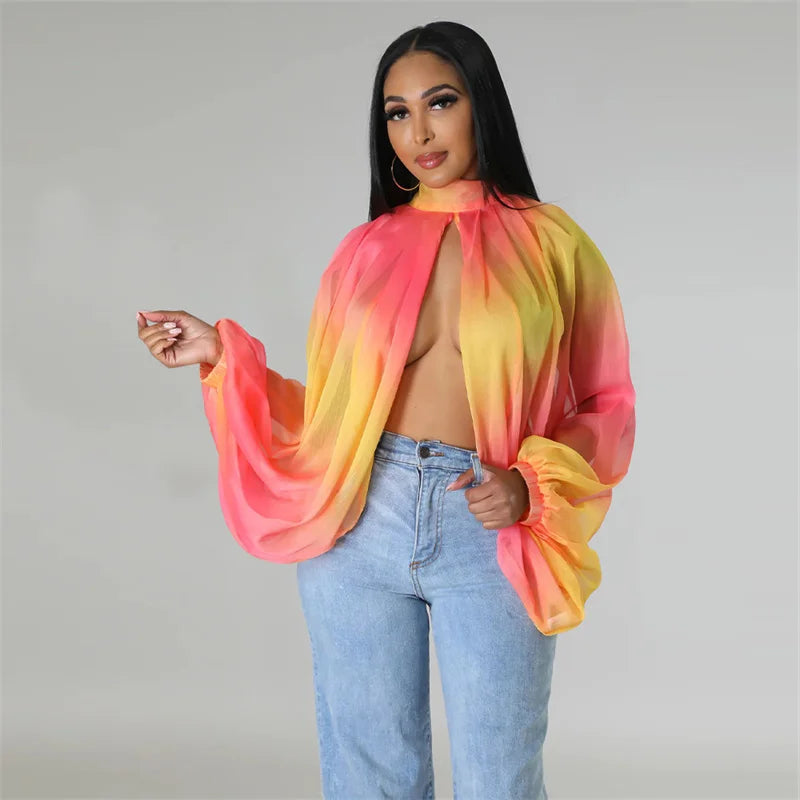 Printed Batwing Sleeve Chiffon Blouse With Sheer Front for Women