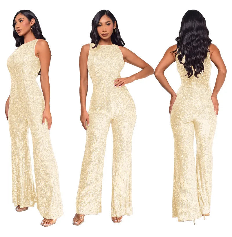 Elegant Silver Sequined Straight Cut Jumpsuit for Women
