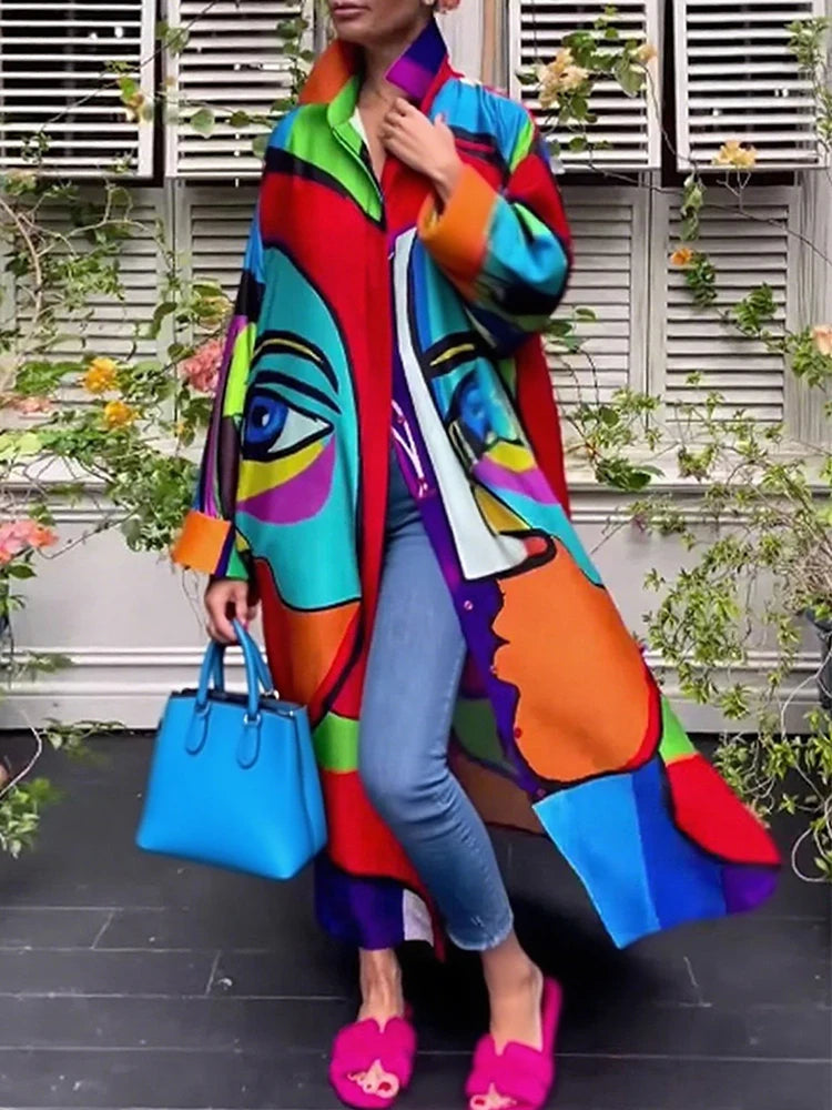 Women's Autumn Shirt Outwear Stylish Abstract Printed Long Sleeve 2025 New Loose Single Breasted Casual Long Jackets