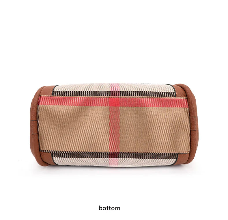 Retro Checkered Large Capacity Canvas And Leather Handbag for Women