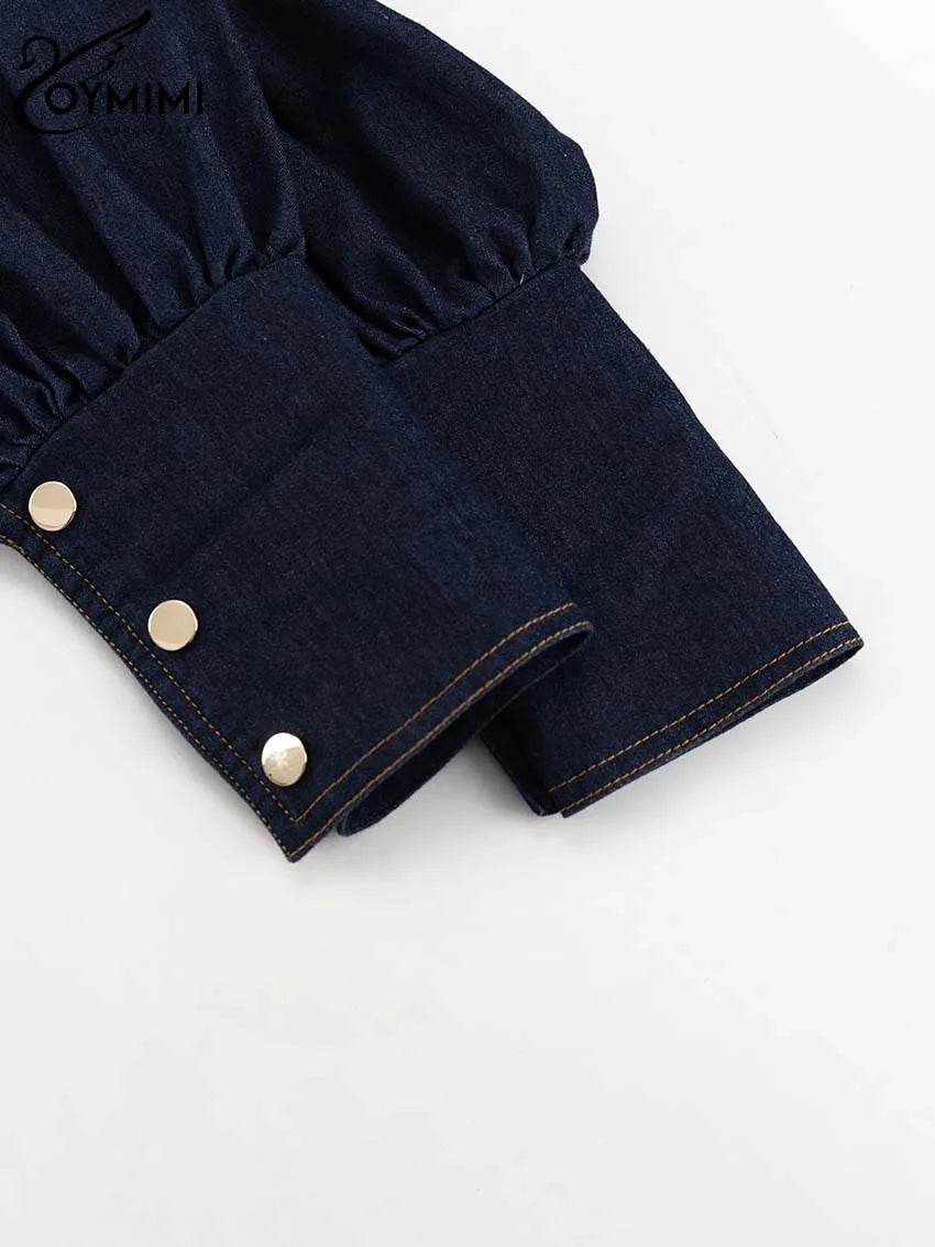 Oymimi Elegant Blue Denim Womens Dresses Fashion O-Neck Long Sleeve High Waisted Dresses Casual Button Mini Dress Streetwear