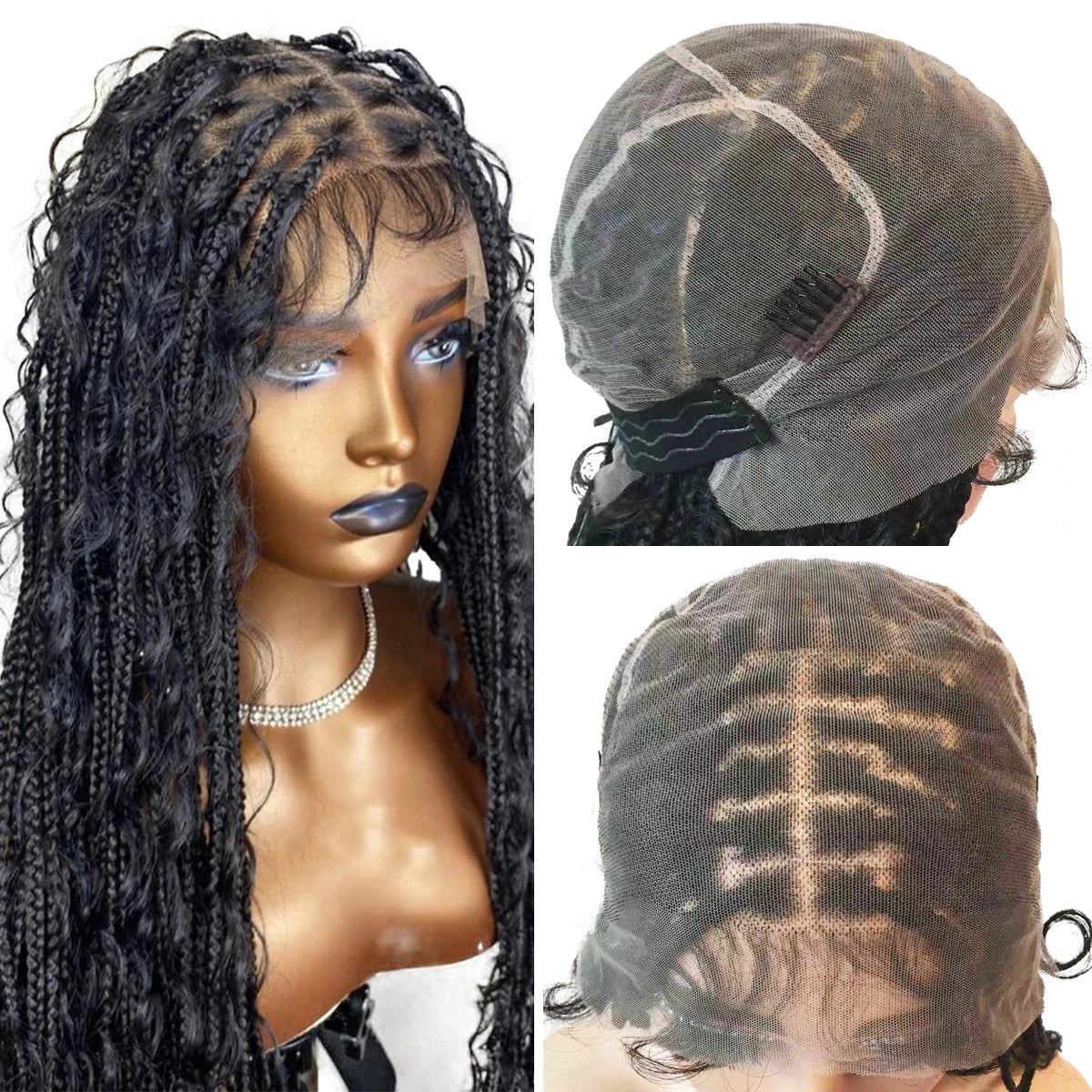 32inch Black Boho Braided Full Lace Wig with HD Lace Crochet Faux Locs Swiss HD Lace Wig for Women