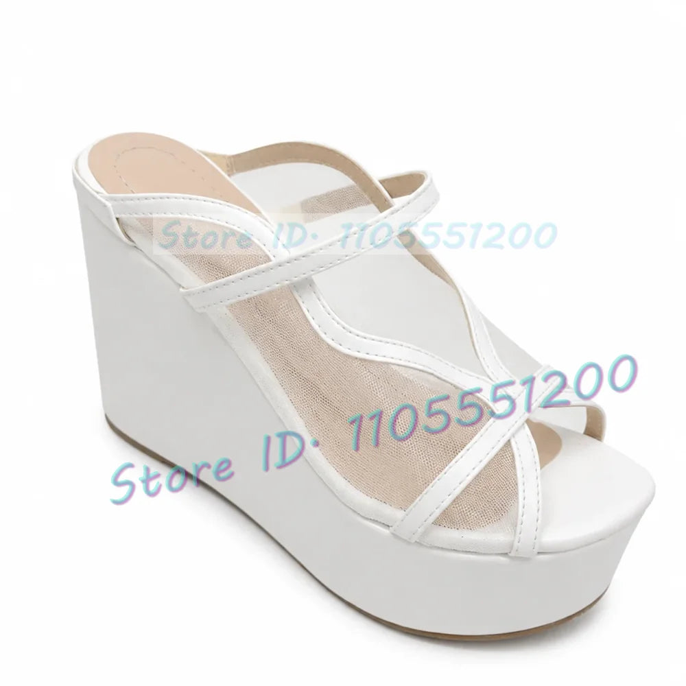 Brown Double Strap Mesh Peep Toe Wedge Sandals for Women