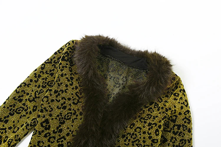 Cutenew Women 2 Piece Set Wild Fur Glitter Fluff Patchwork Cardigan Tops+Peach Hip Skirts Midnight Matching Hipster Clubwear