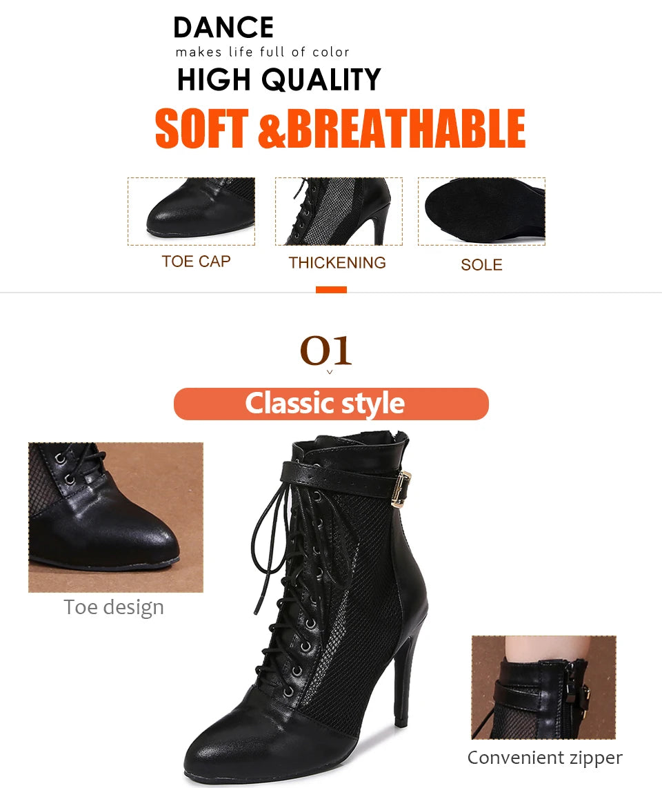 Black Mesh Latin Dance Booties With High Heels for Women