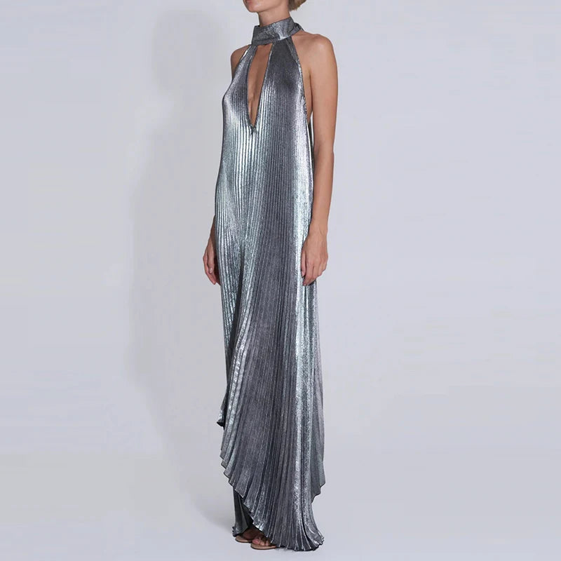 Metallic Halter Hollow Out Pleated Maxi Dress for Women