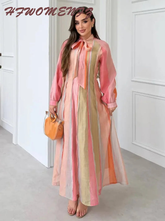 Color Stripe Balloon Sleeve Dress
