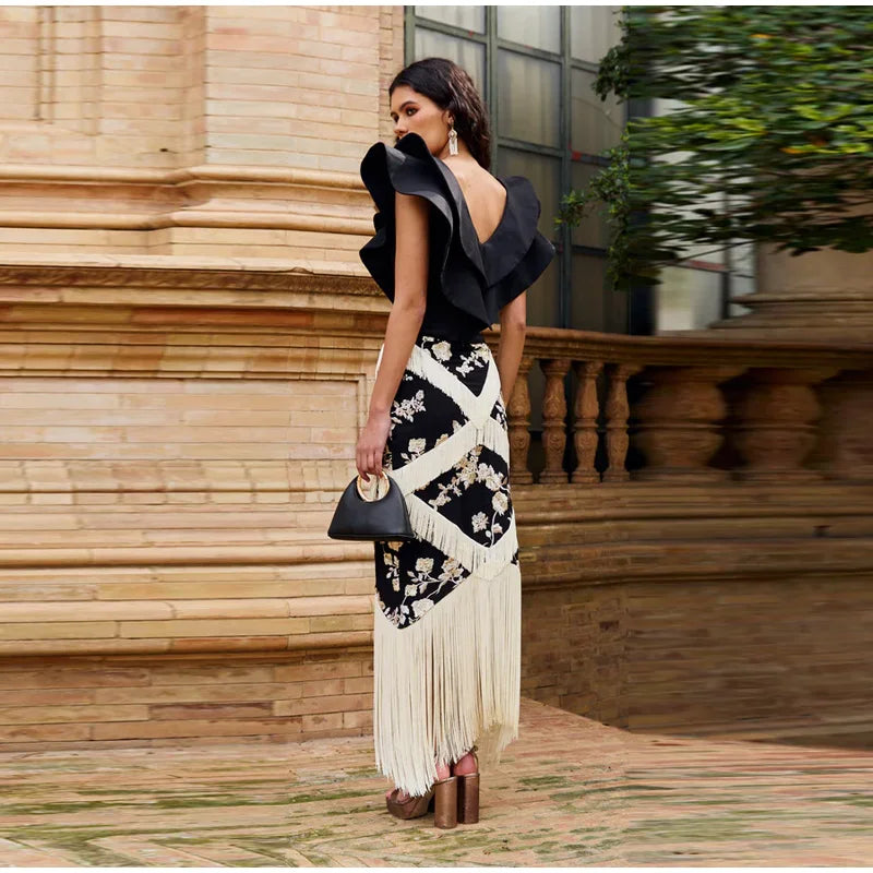 Ruffle V-Neck Sleeveless Blouse and Plaid Skirt Set for Women