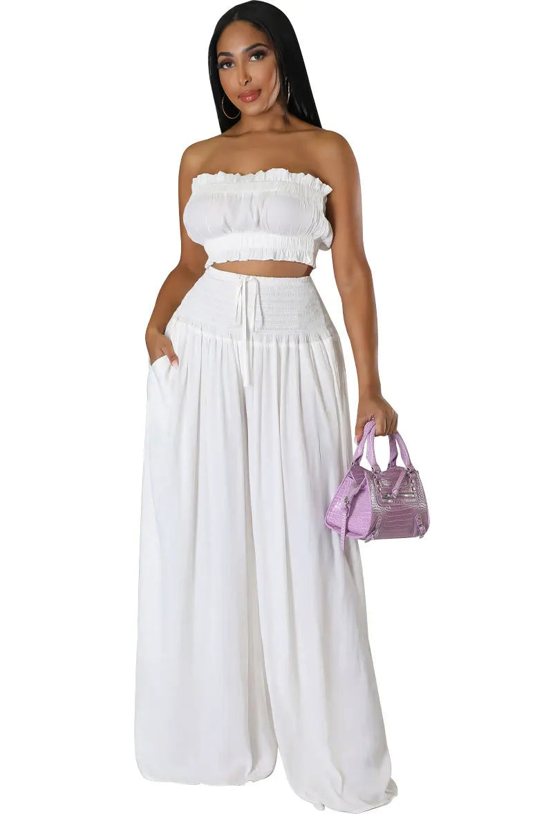 Lace Up Strapless Top Two Piece Pants Set for Women