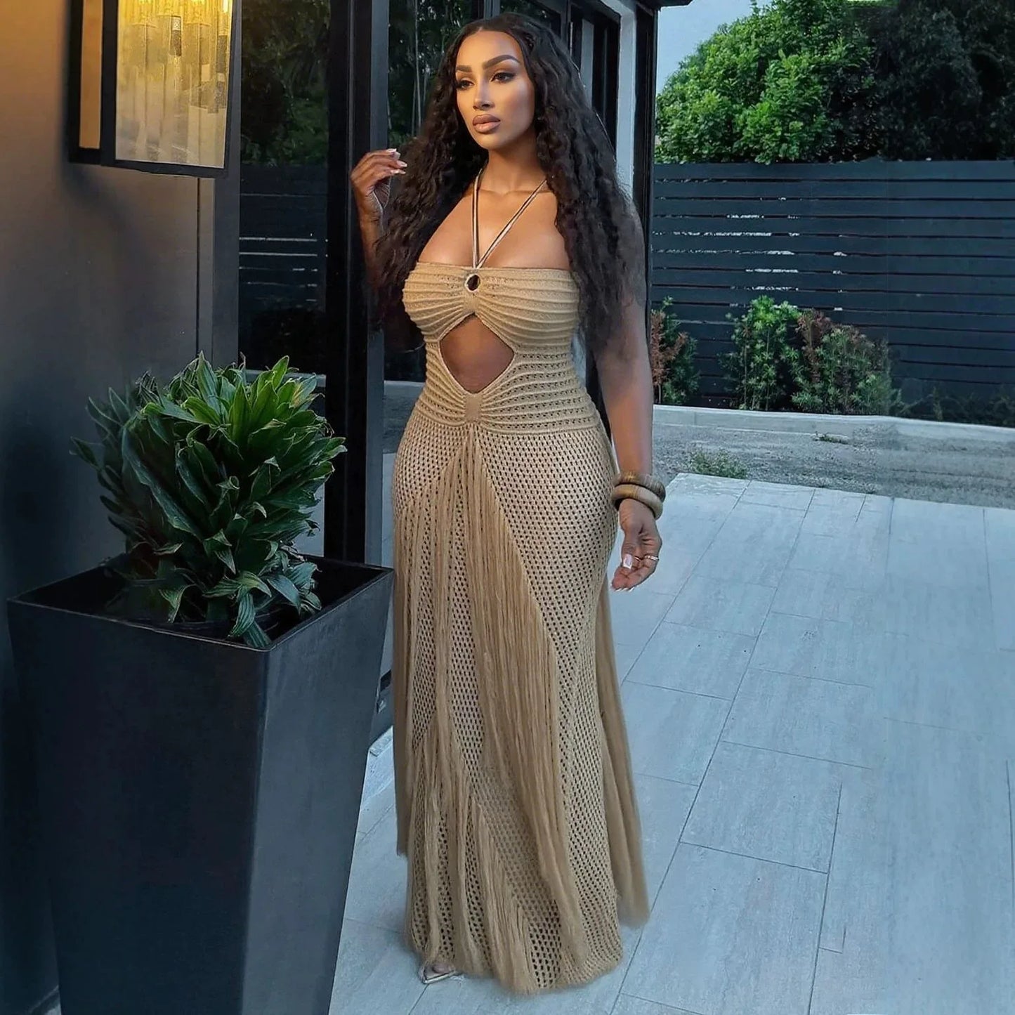 Hollow Out Sheer Crochet Lace Up Maxi Dress for Women