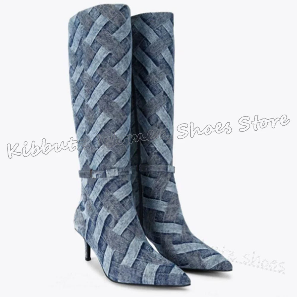 Gingham Knee High Boots Pointy Thin Heels Slip-On Belt Buckle Novelty Fashion Luxury Sexy Elegant Women Shoes Newest Mixed Color