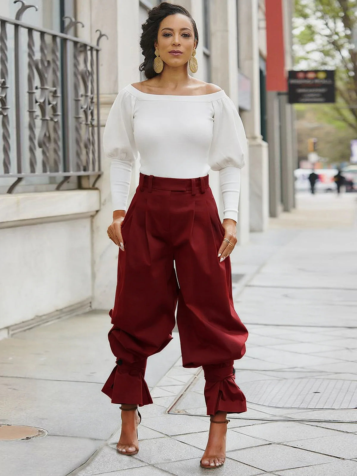 Ruched Stretch Wide Leg Casual Work Trousers for Women