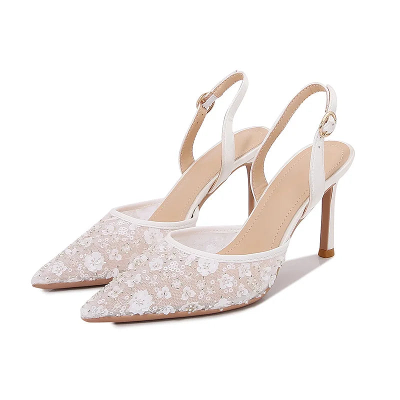Elegant Floral Lace Back Strap High Heel Sandals for Women