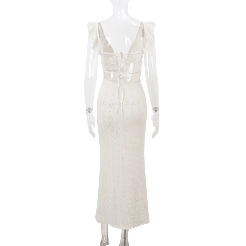 Cryptographic Elegant Tie Detail Sexy Cut Out Backless Dress Party Club Outfits Summer See Through Sleeveless Women Dresse Robes