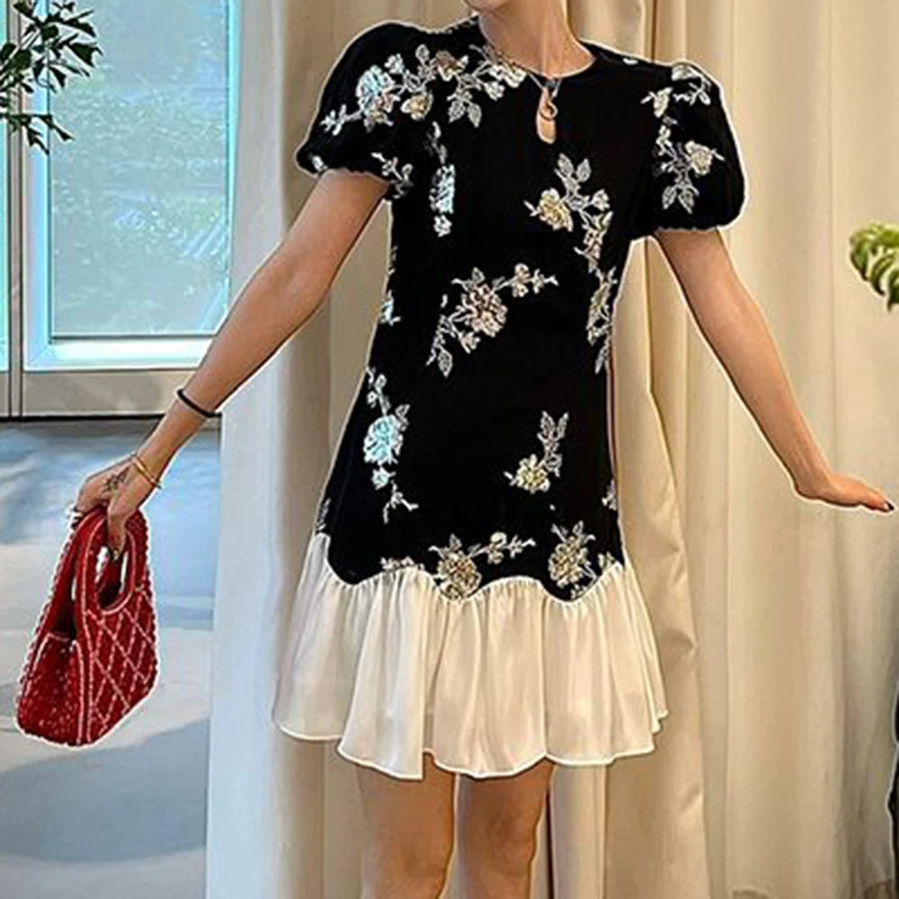Slim Sequin Embroidery Chinese Style Splice Dress for Women
