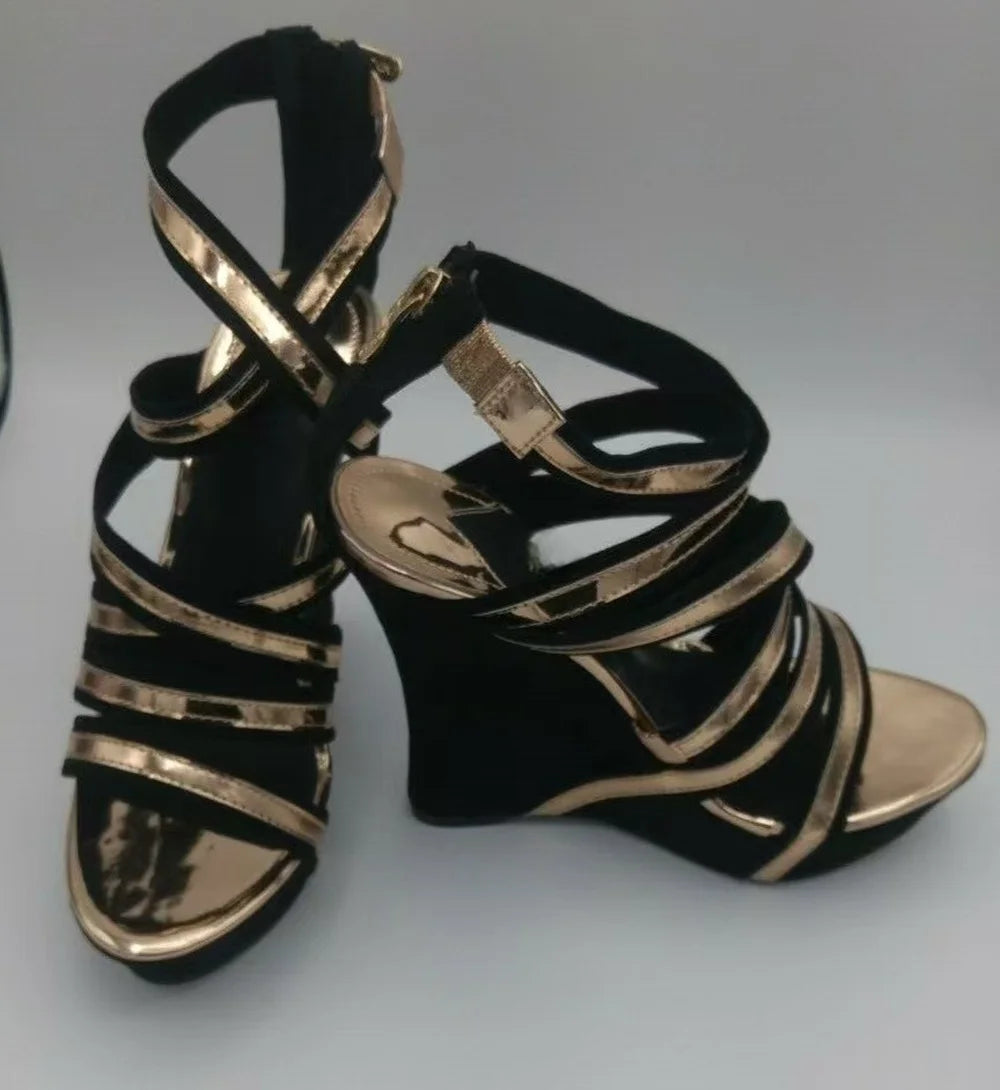 Black Suede Rose Gold Wedge Sandals