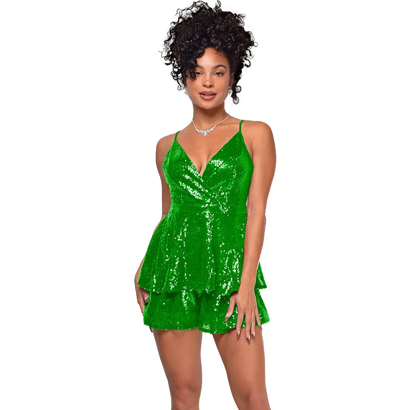 Glitter Sequin Spaghetti Strap Deep V Ruffle Romper for Women