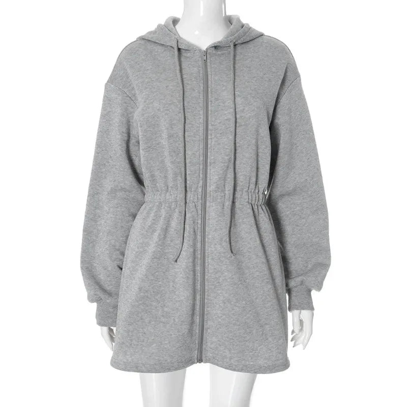 Hooded Short Dress for Women Summer and Fall 2025 New Casual Sexy High Waisted Zipper Short Dresses Solid Long Sleeved Dress