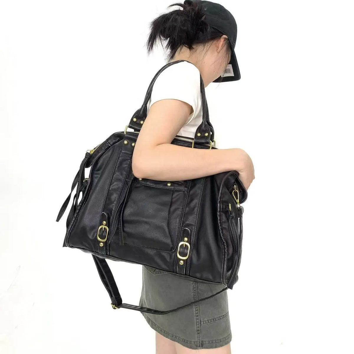 Retro Multi-Pocket Motorcycle Shoulder Bag for Women