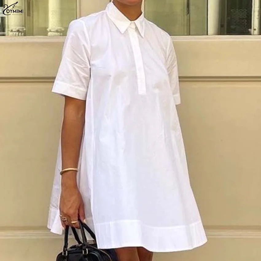 Oymimi Elegant White Cotton Dresses 2025 Woman Fashion Turn-Down Collar Half Sleeve Button Dress Casual Loose Mini Dress Female