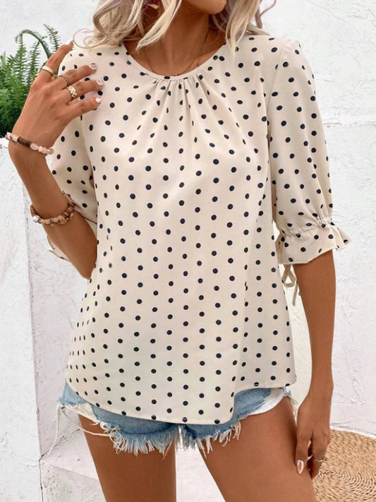 Women's Polka Dot Print Round Neck Sleeveless Shirt Spring Summer Design with Buttons and Drawstring Cuffs