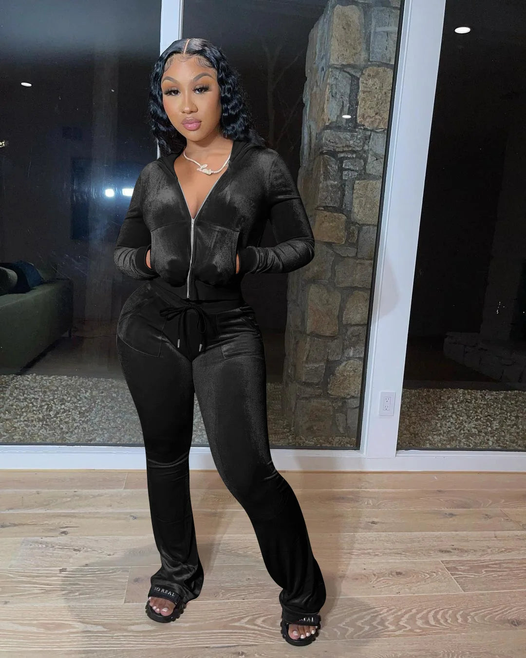 Hooded Zip Top And High Waist Pants Outfit Set for Women