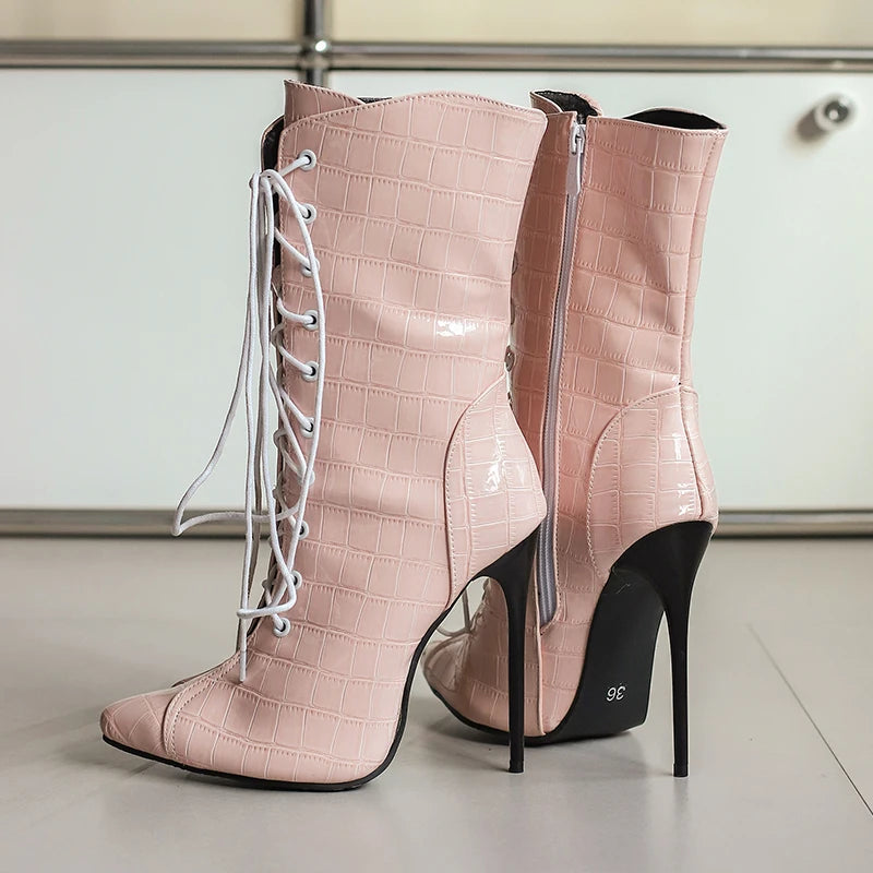Alligator Pattern Lace Up Stiletto Ankle Boots for Women