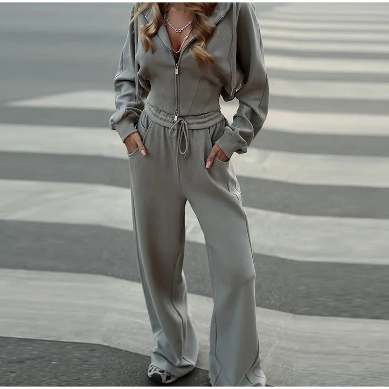 Zip Up Corset Hoodie And Wide Leg Sweatpants Two Piece Set For Women