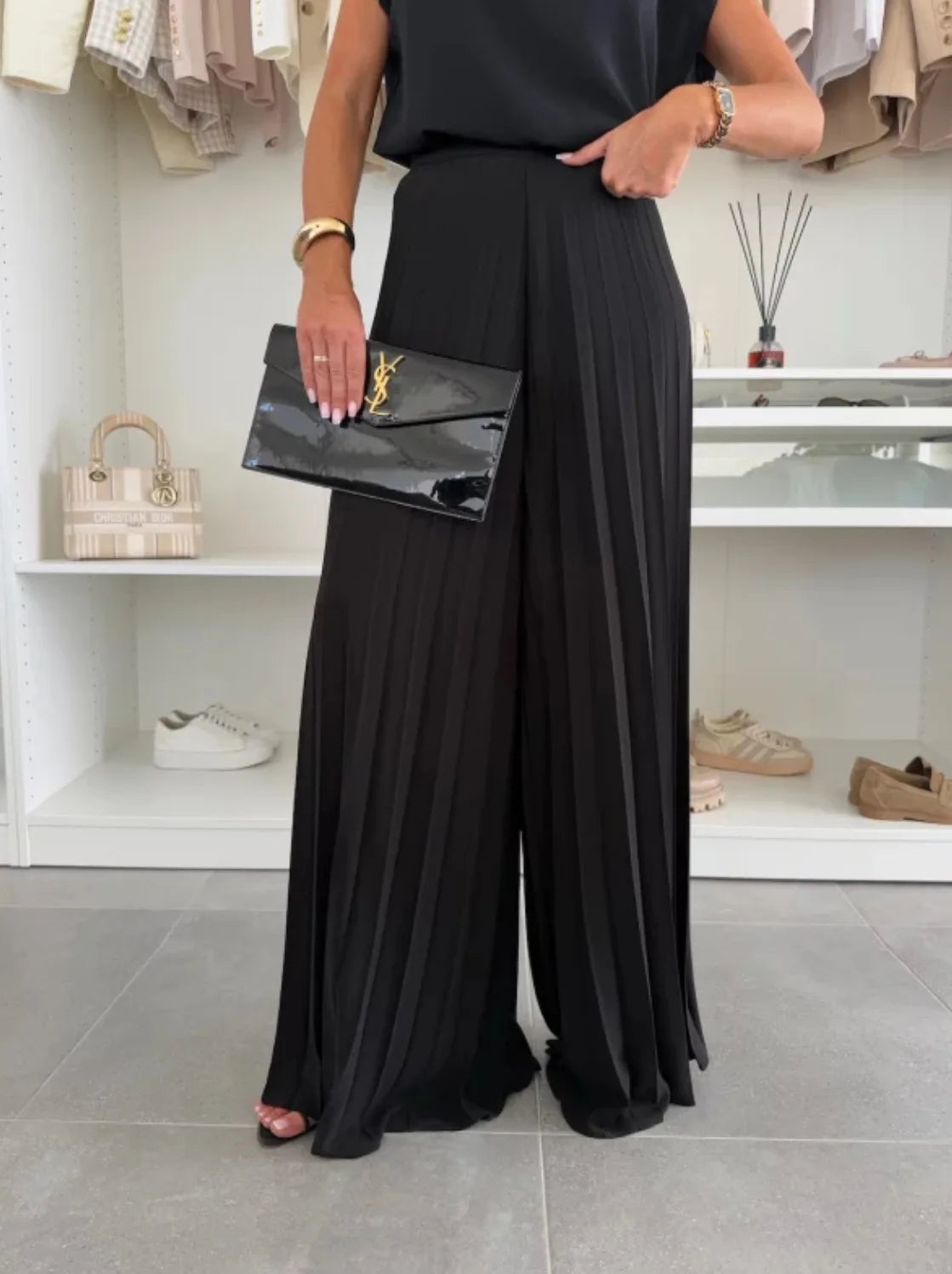 Pleated Sleeveless O Neck Top Wide Leg Pants Two Piece Suit for Women