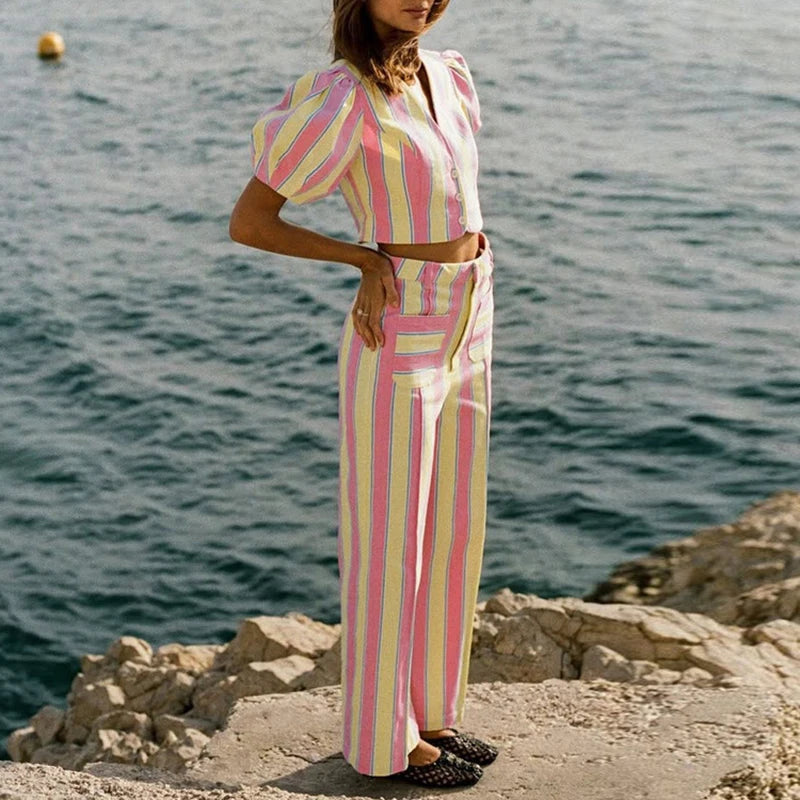 Elegant V-Neck Striped Cardigan And Pants Set for Women