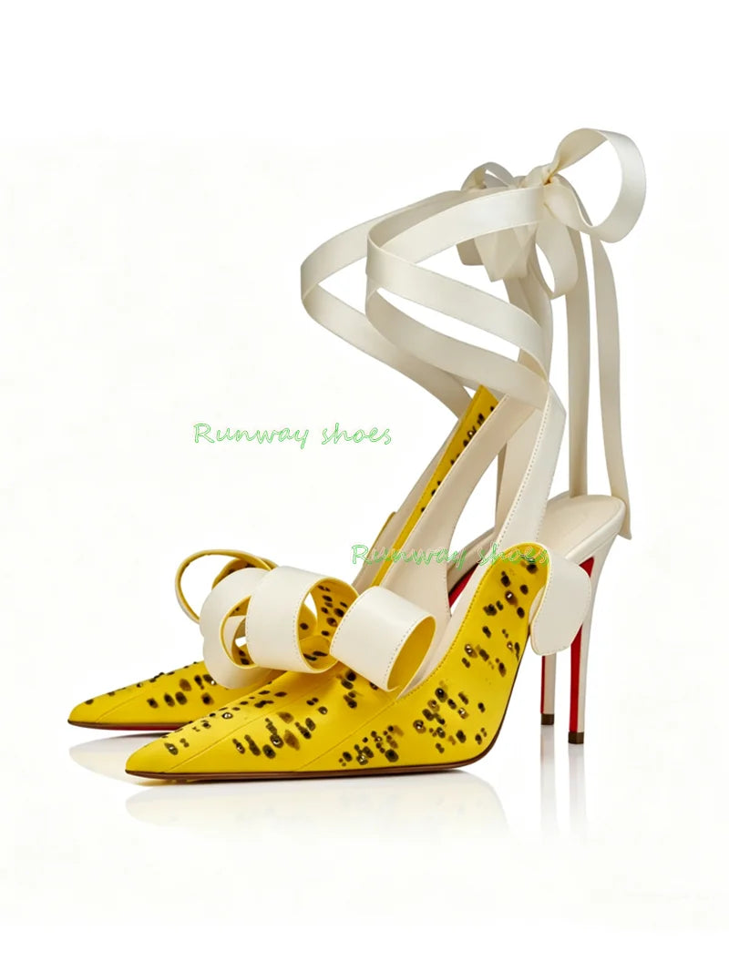 Bright Yellow Silk Pointed Stiletto Heels With Ankle Strap For Women