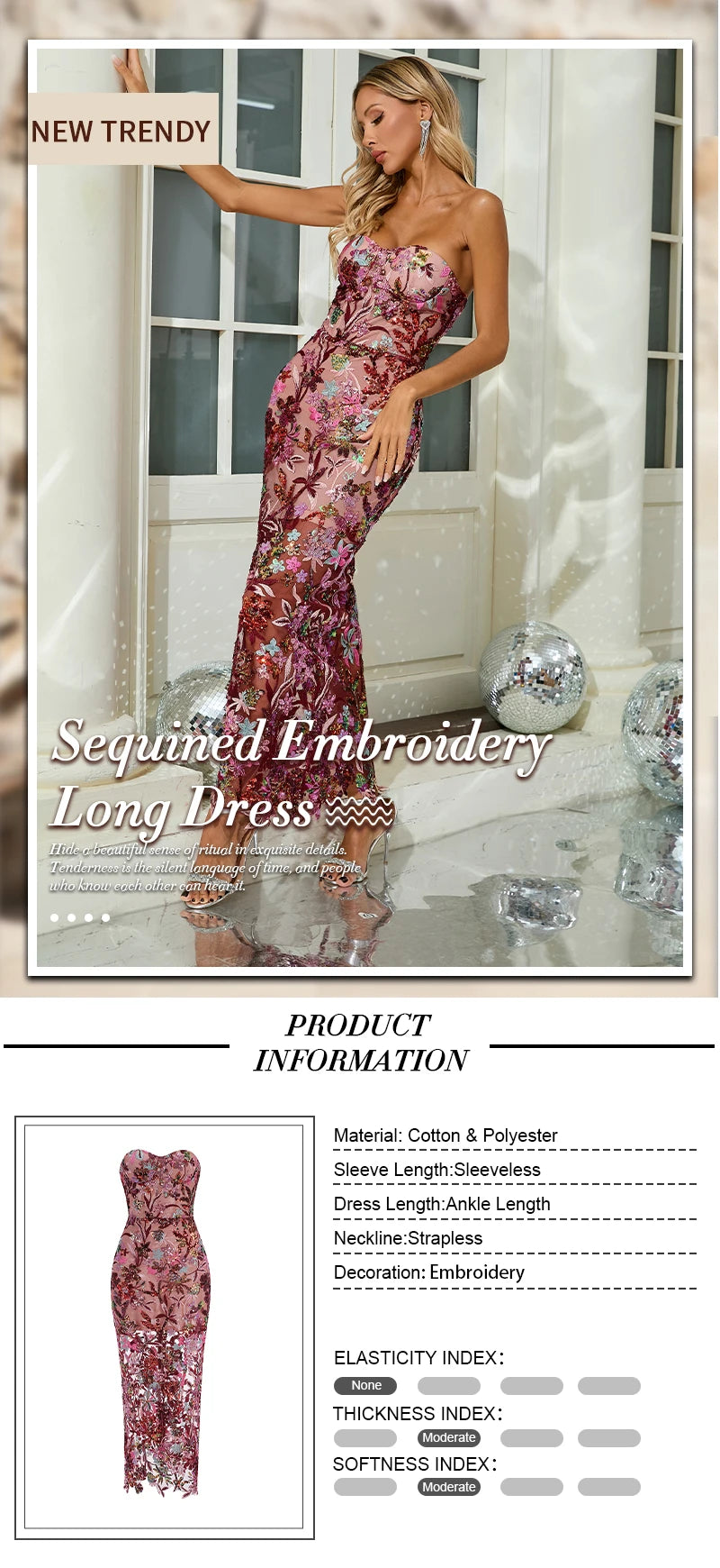 Floral Embroidery Sequin Patchwork Mesh Long Backless Dress for Women