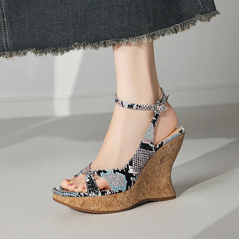 Snakegrain Textured Buckle Platform Wedge Sandals for Women