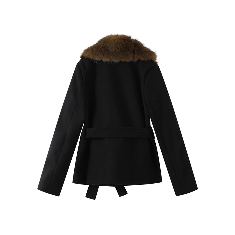 Shawl Faux Fur Coat With Lace Up Belt for Women