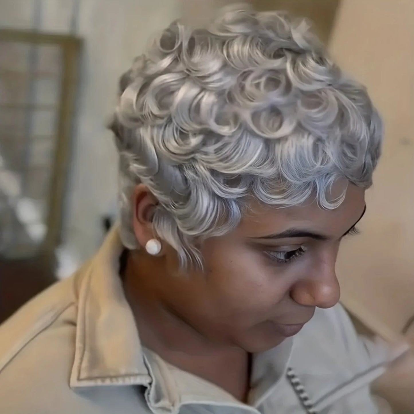 Natural Gray Loose Curly Pixie Cut Human Hair Wig For Women