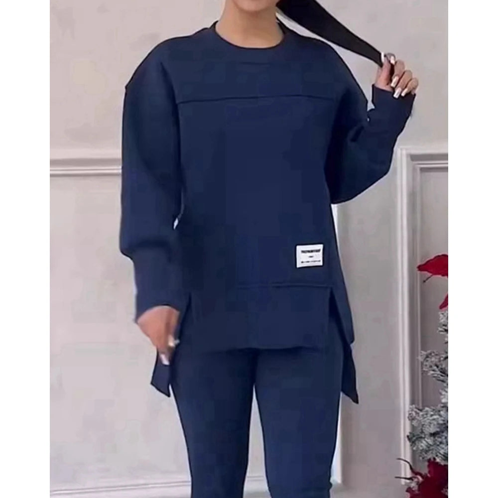 Sporty O-neck Long Sleeve Asymmetrical Sweatshirt & Skinny Pants Set Two Piece Outfits Tracksuit Sets Fall Clothing