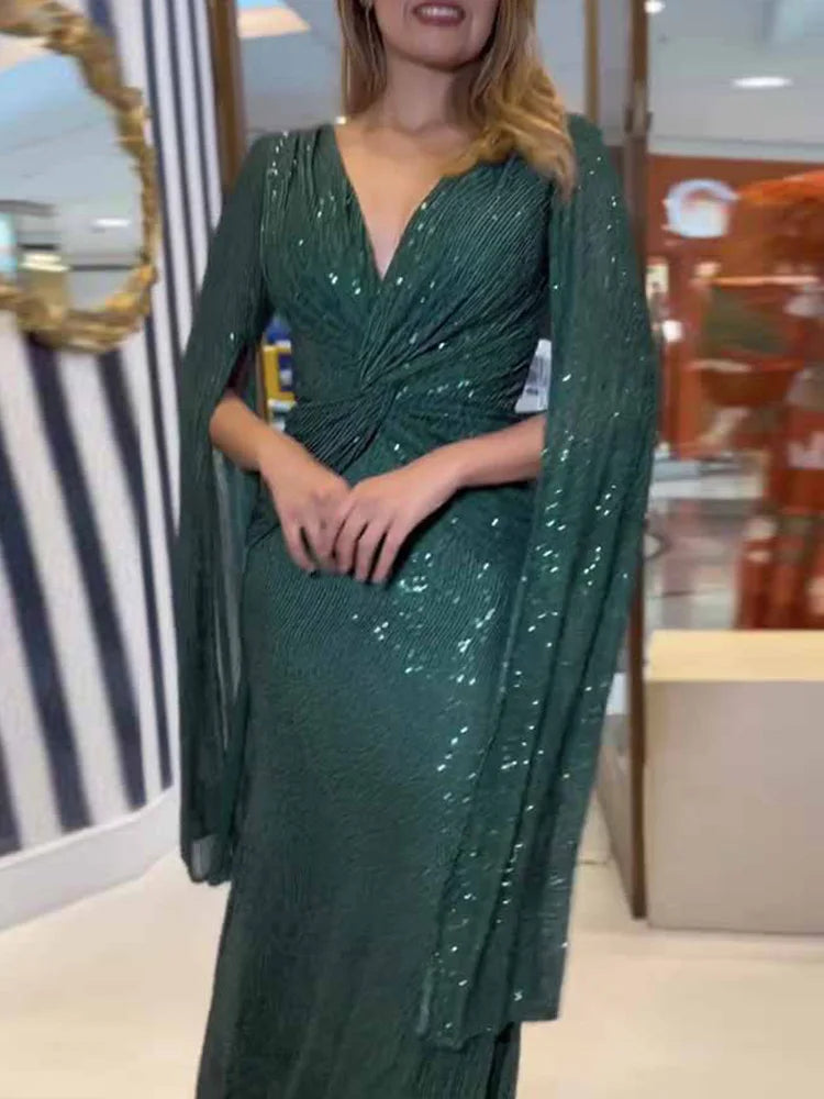 Elegant Sequin V Neck Long Sleeve Floor Length Maxi Dress for Women